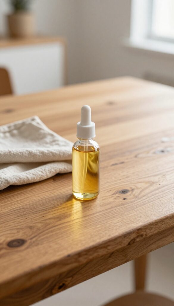 Old wooden table with natural oil and cloth for gentle cleaning