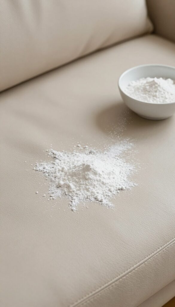 Close-up of a leather couch with cornstarch sprinkled on a grease stain, soft cloth nearby, bright natural light.