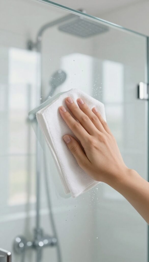 Hand polishing shower glass with lint-free microfiber cloth for streak-free shine