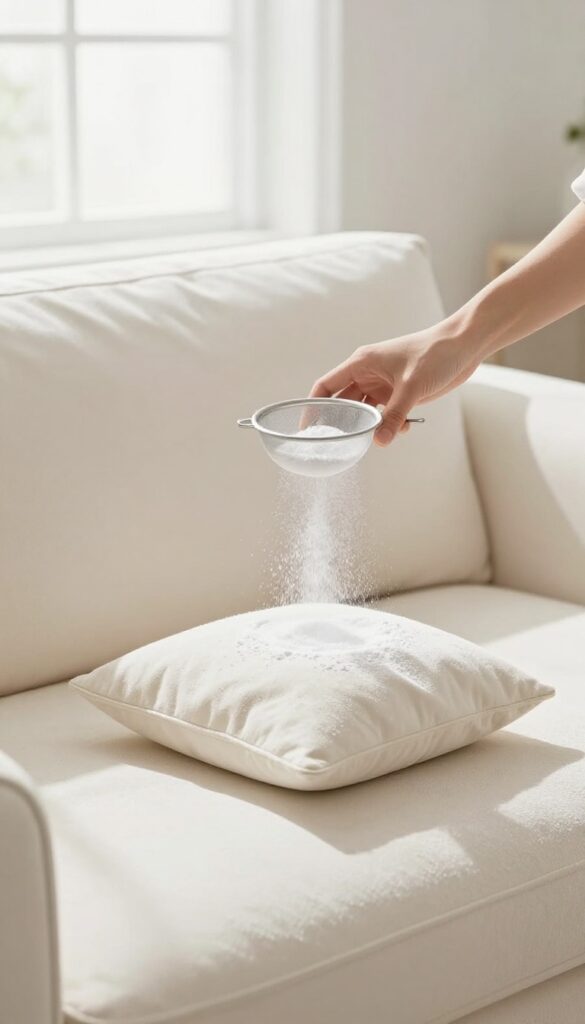 Person sprinkling baking soda on upholstered sofa and carpet in a bright living room