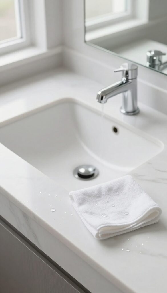 Empty bathroom counter with microfiber cloth, bright natural light, clean and minimal