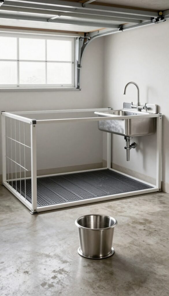 Garage dog kennel with floor drain and utility sink for easy cleaning