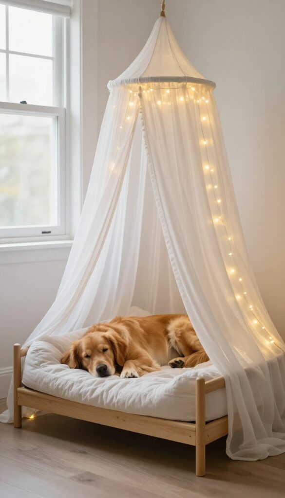 Cozy dog canopy bed with warm fairy lights in a bright room