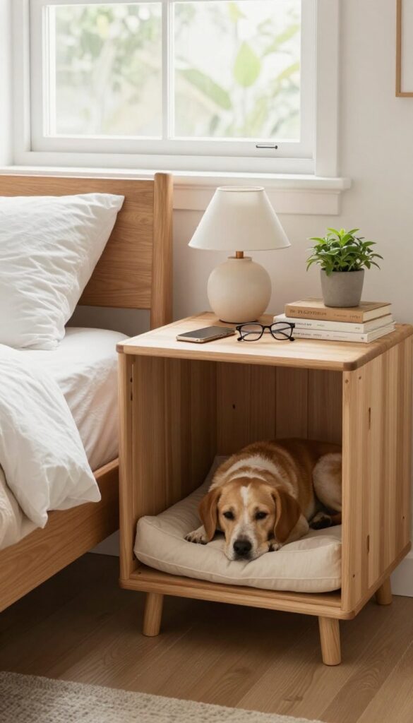 Dog crate used as a nightstand in a bright bedroom with lamp, tray, books, and plant, dog sleeping inside.
