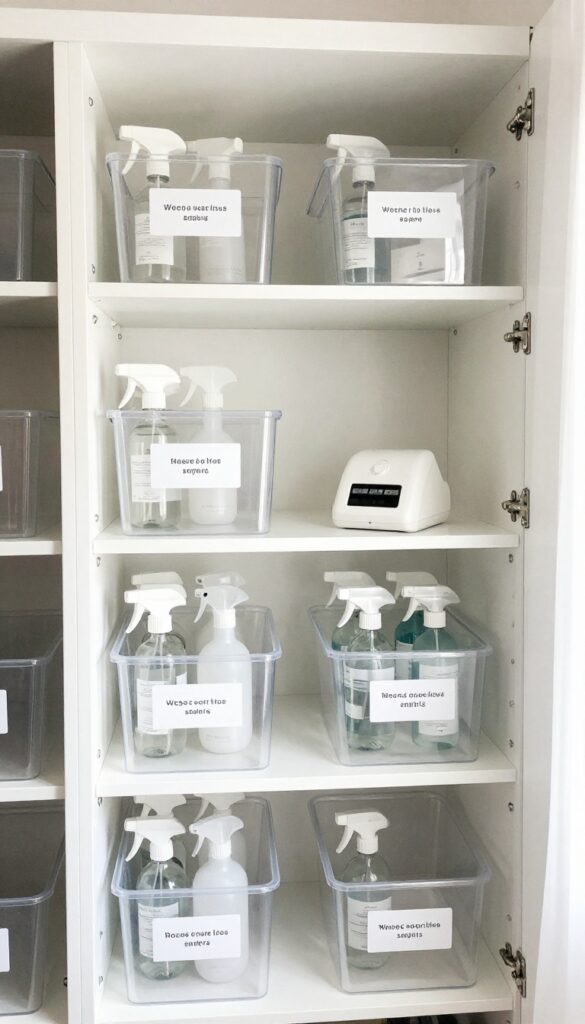 Neatly organized cleaning supply closet with labeled bins and bottles on open shelves