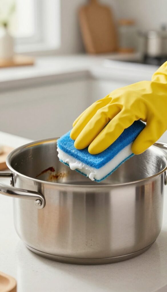 Hand scrubbing burnt pot with Bar Keepers Friend paste