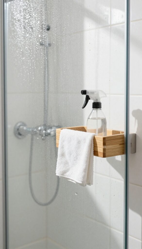 Clean shower glass door with spray bottle and microfiber cloth on caddy