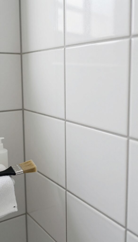 Freshly painted grout lines on white bathroom tiles with applicator tools nearby