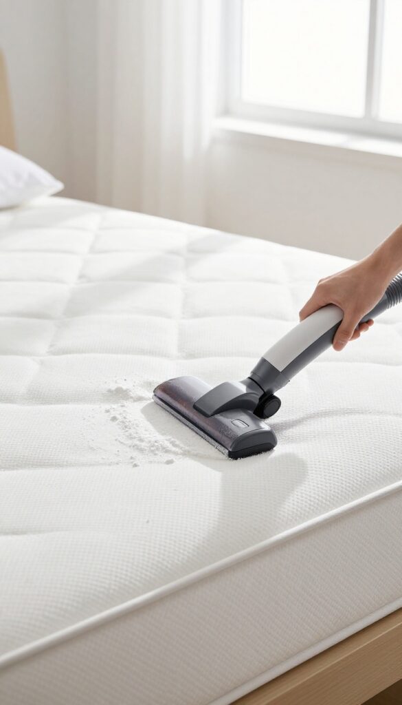 Vacuuming baking soda from a mattress with upholstery attachment in bright natural light