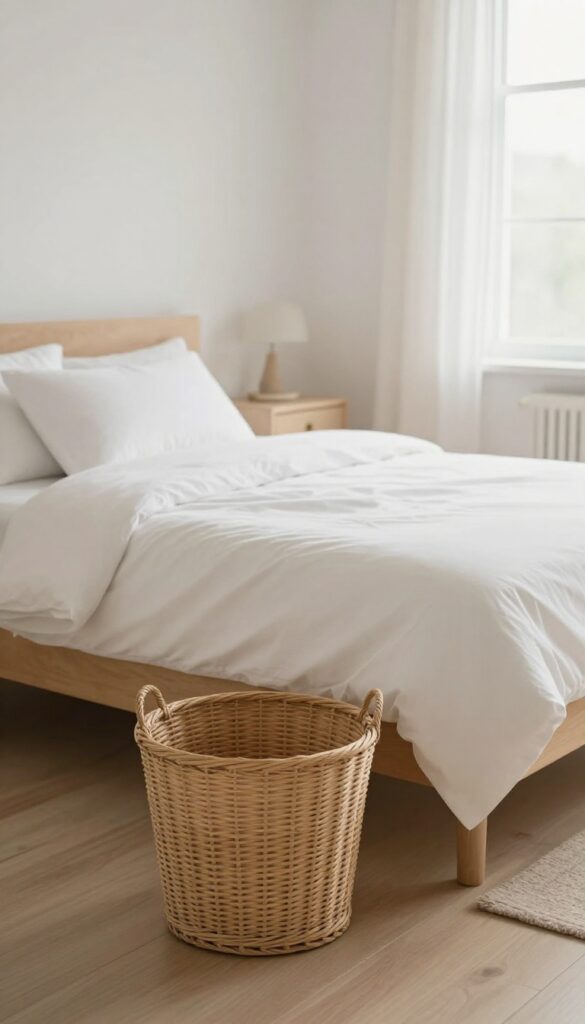 Small trash can beside bed with clean nightstand