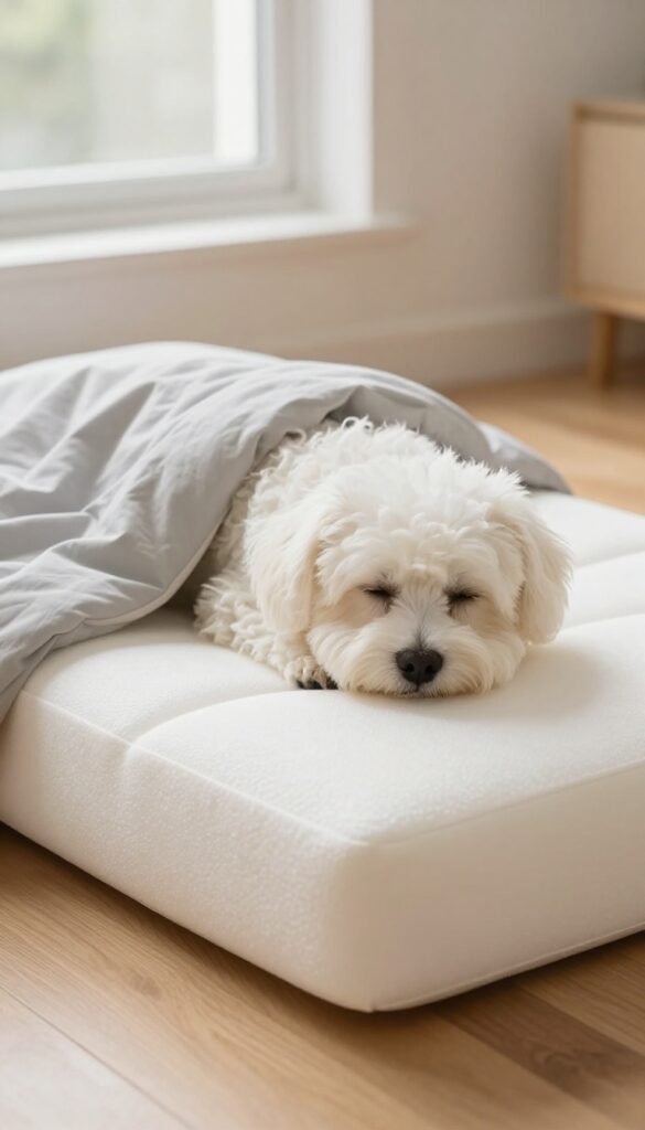 Dog sleeping on a crib mattress dog bed with an orthopedic egg crate foam layer