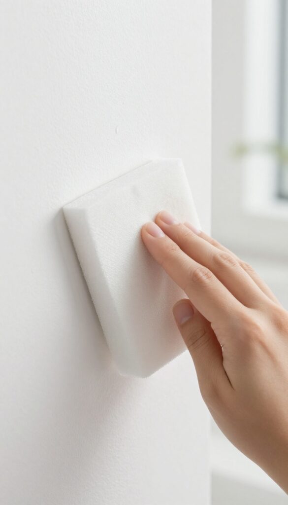 A hand using a magic eraser sponge to remove a scuff mark from a white wall