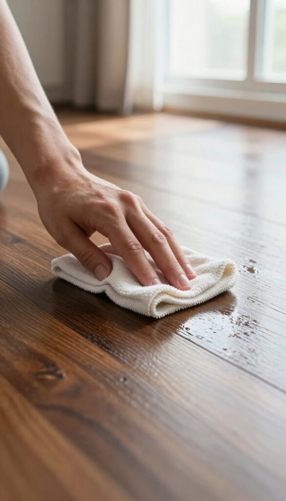 Hand buffing a glossy hardwood floor with a dry microfiber cloth for a streak-free shine