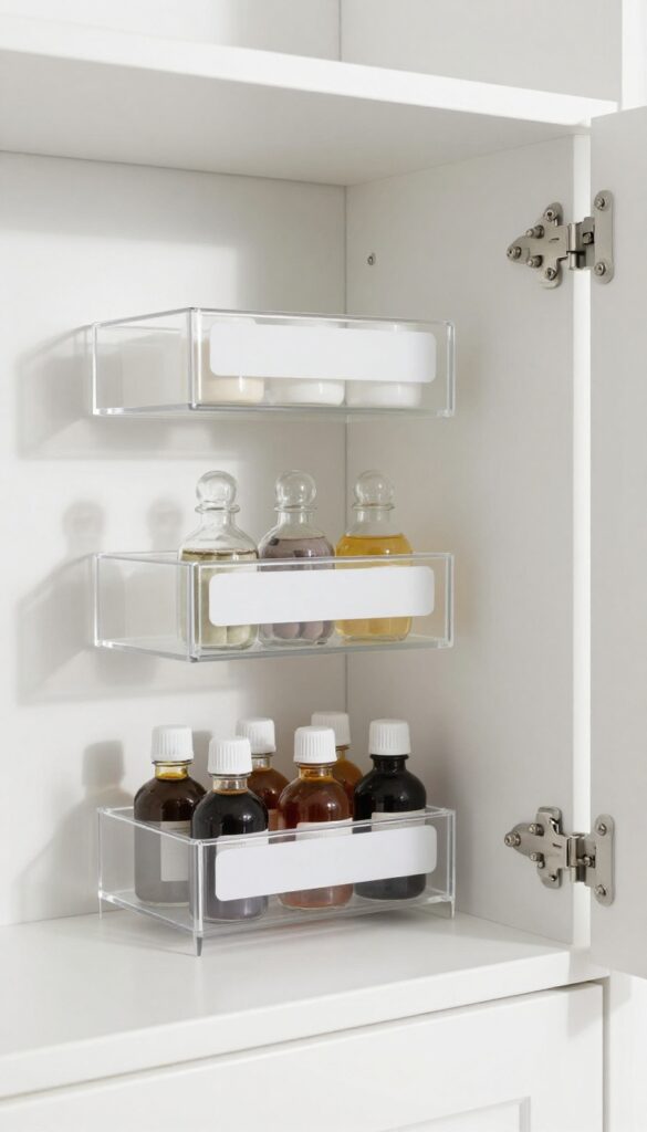 Tiered spice rack organizing small cleaning bottles in a cabinet