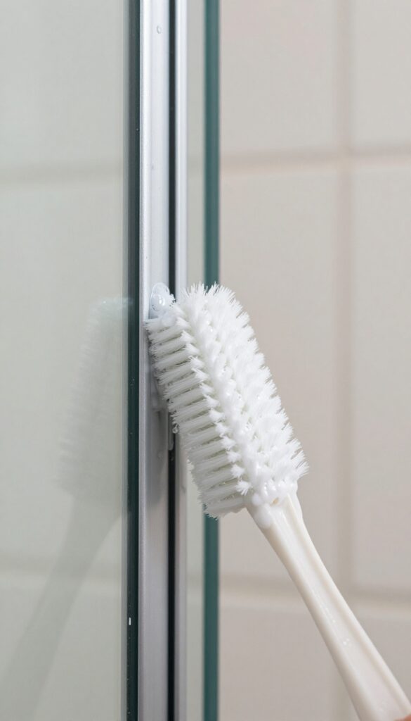 Cleaning shower door track with a toothbrush and vinegar
