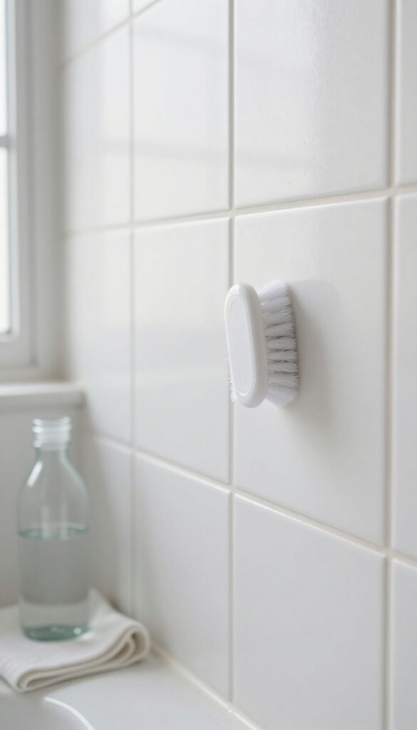 A close-up of a bathroom tile wall with a small brush scrubbing grout lines using a white paste, with cleaning supplies nearby in natural light.