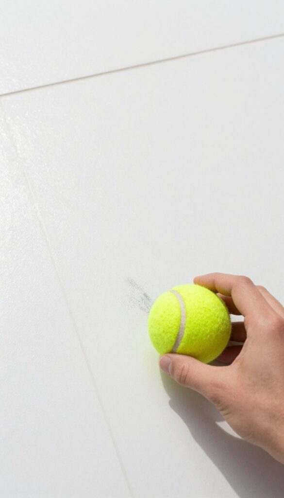 Hand rubbing a tennis ball on a scuff mark on a clean tile floor