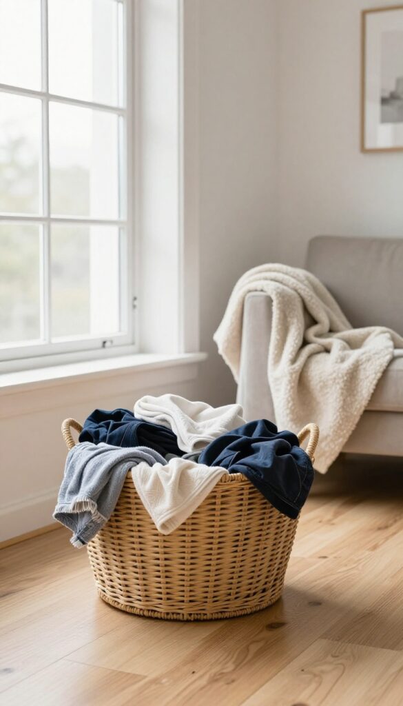 A large laundry basket full of clothes and towels on a clean wooden floor in a bright living room