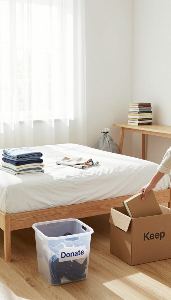 A person organizing a room by sorting clothes and books into labeled bins and boxes, with sunlight illuminating the space.