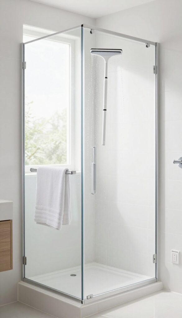 Person wiping shower glass with squeegee in bright clean bathroom