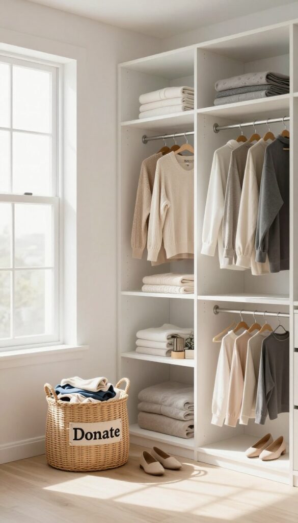 A donate box in a closet for easy decluttering