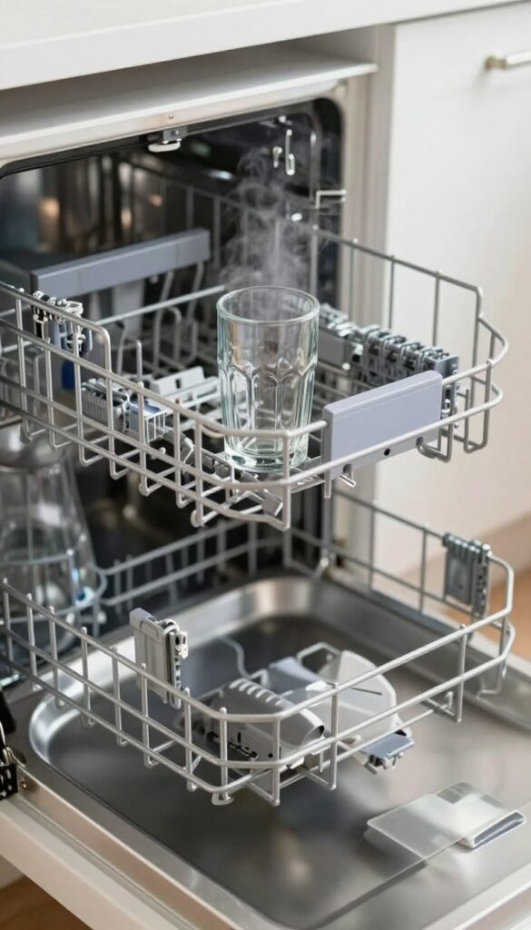 Open dishwasher after final rinse cycle, clean and fresh interior with steam rising