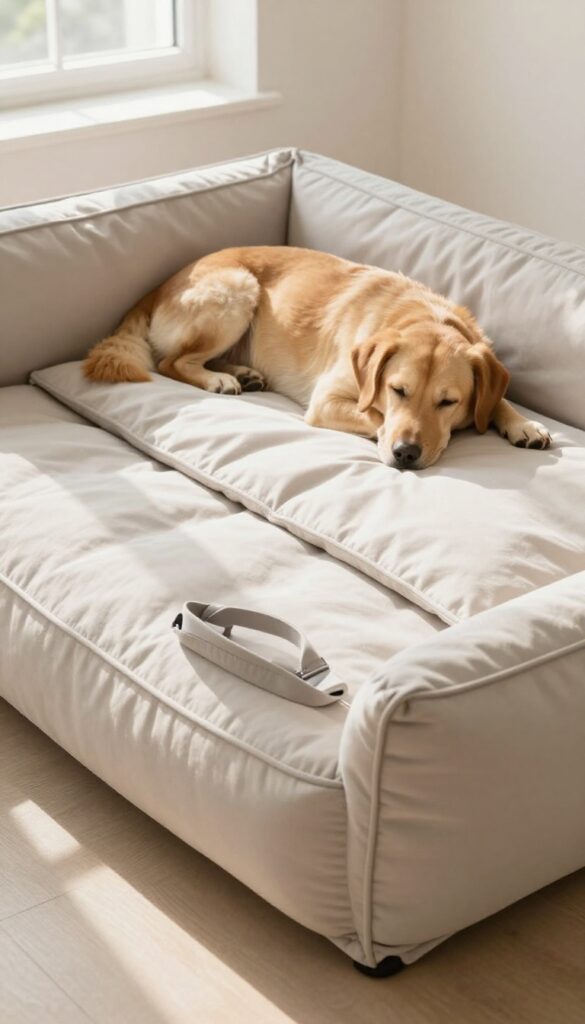 Dog crate with convertible pad and travel bed in sunny living room
