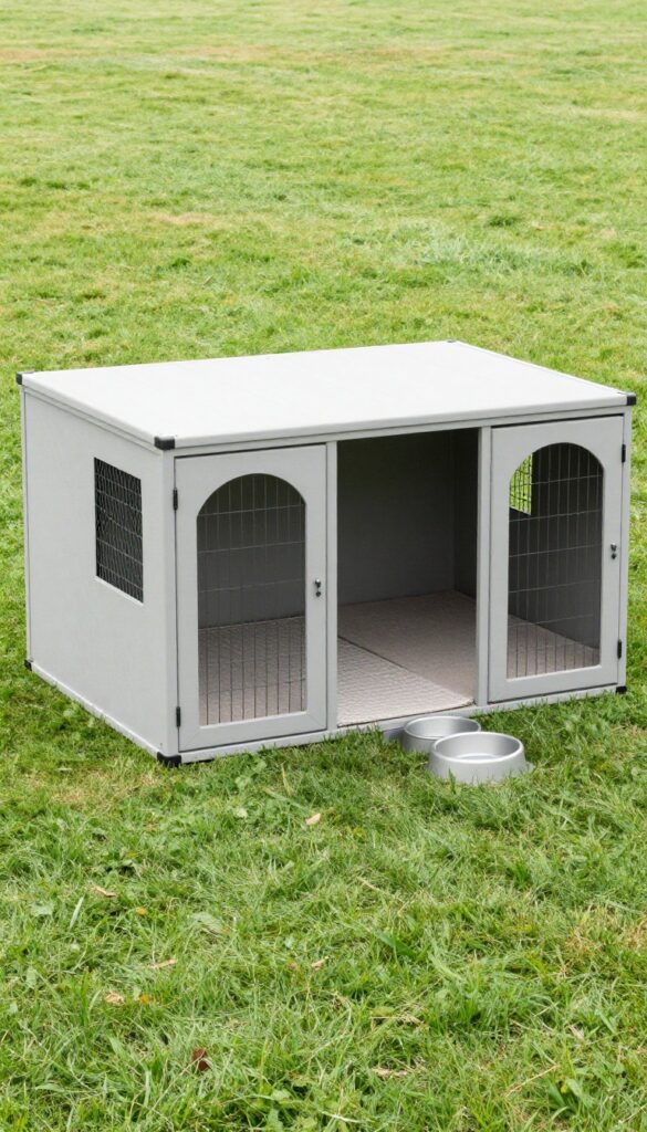 Multi-compartment dog kennel with private shelters and a shared outdoor run