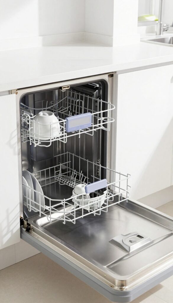 Empty dishwasher with racks removed, clean interior, bright natural light, ready for cleaning with vinegar.