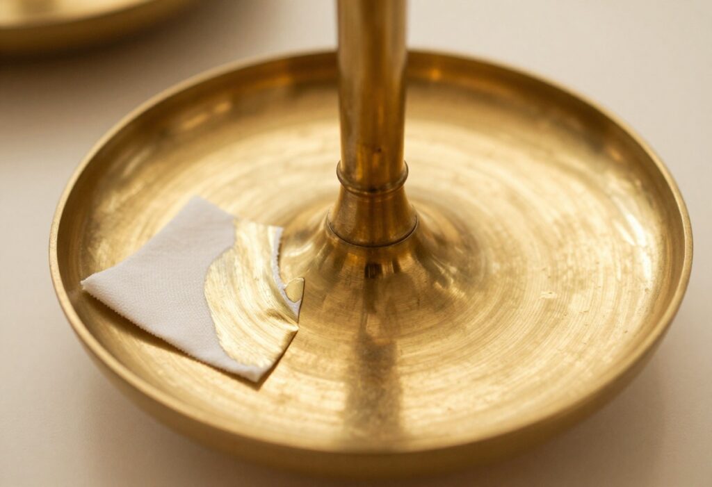 Cleaning a tarnished brass candlestick with a cloth, revealing shiny surface