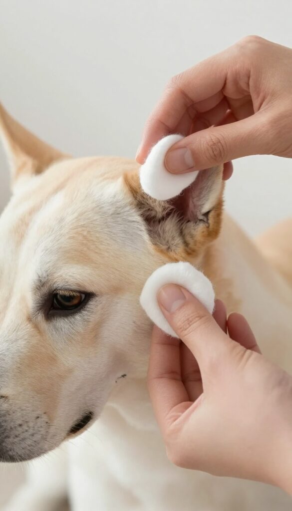 Person gently cleaning a dog's ear with a cotton ball