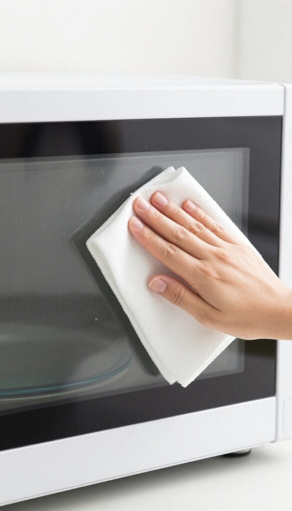 A person wiping the interior walls of a microwave with a damp cloth, steam and grime being removed, bright natural light.