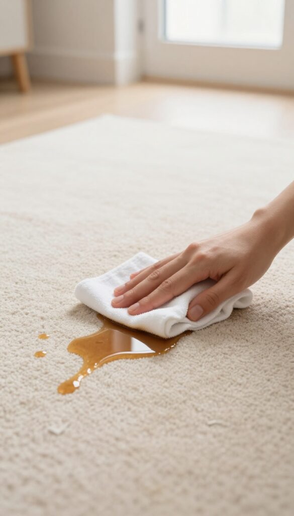Person blotting a coffee stain on a beige carpet with a white cloth, natural light, photorealistic