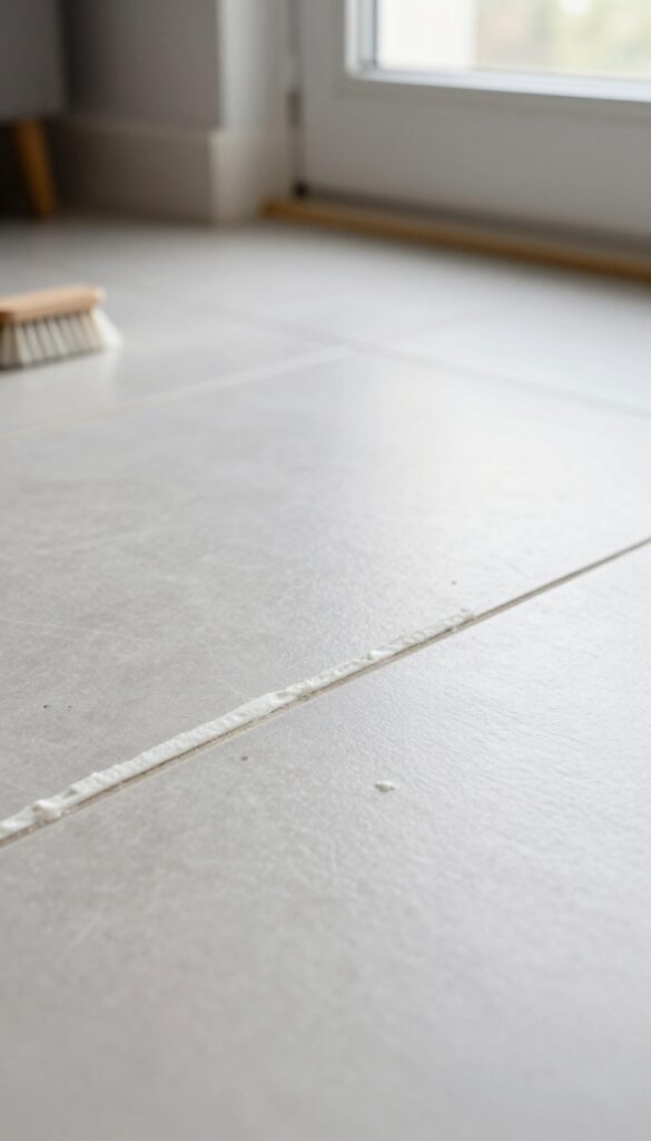 Applying baking soda and hydrogen peroxide paste to tile grout lines for cleaning