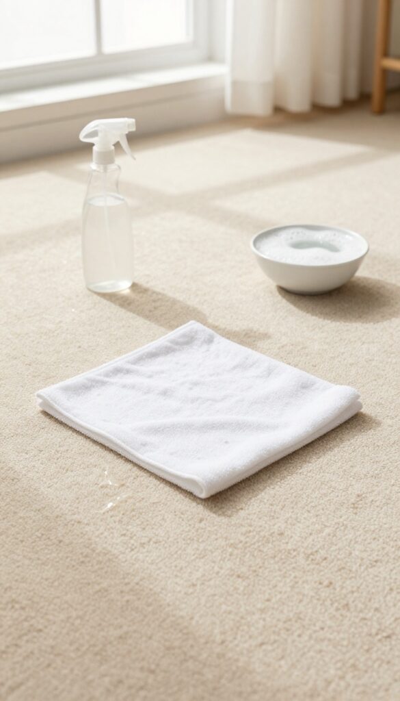 Dish soap and warm water carpet cleaning with microfiber cloth and spray bottle