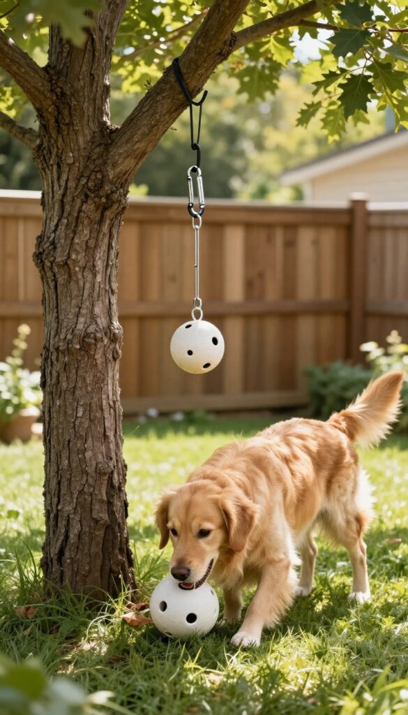 Dog playing with treat-dispensing toy attached to tree in backyard