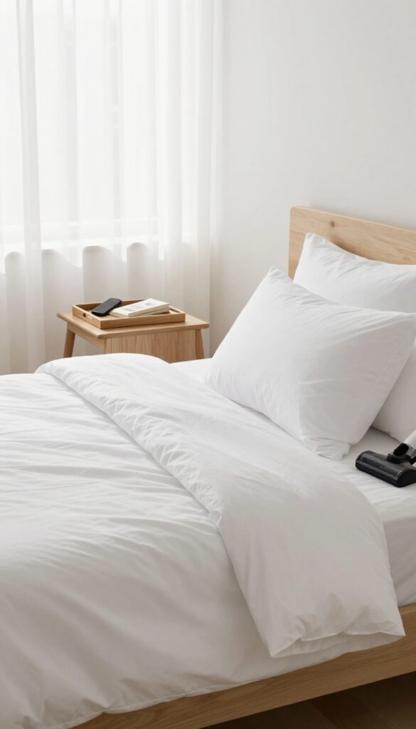 A clean and serene bedroom with fresh bedding and a tidy nightstand, bathed in natural light.