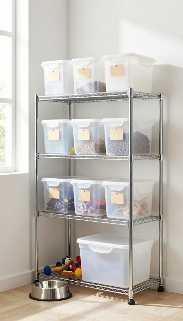Organized garage kennel area with airtight food storage bins and labeled containers on shelves