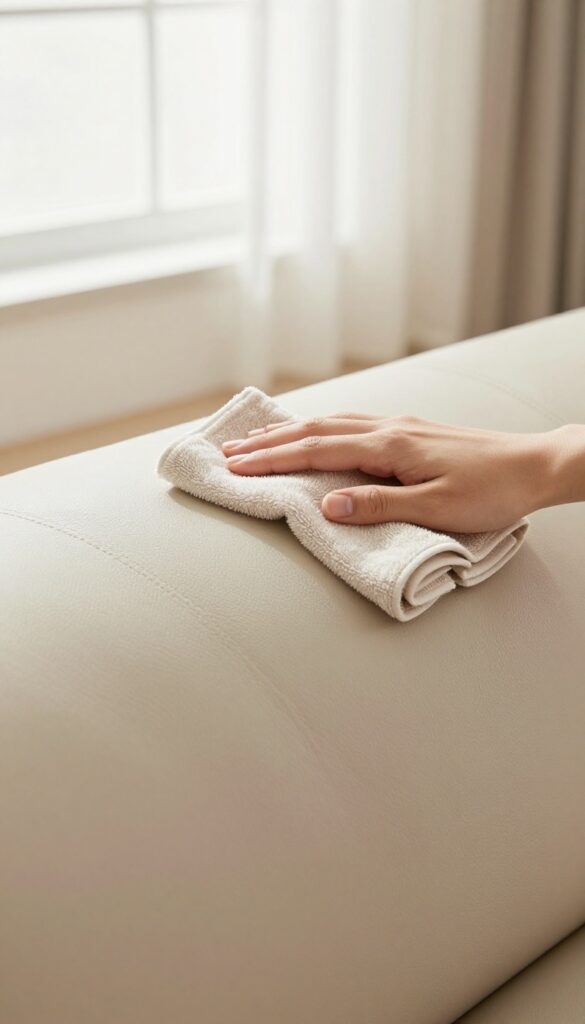 Hand dusting a leather couch with a microfiber cloth in bright natural light