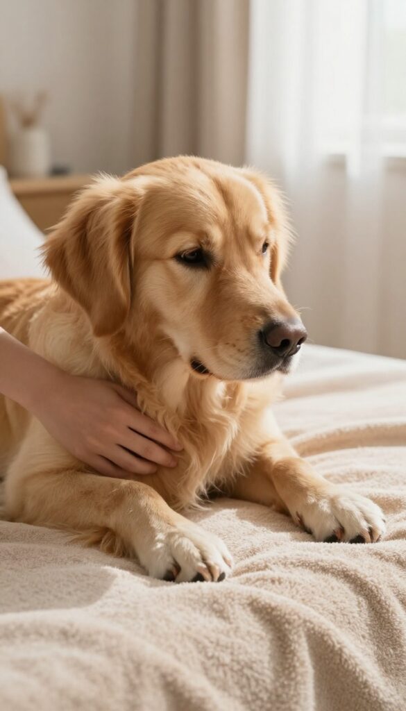 A person gently touching a dog's belly on a towel in a bright room