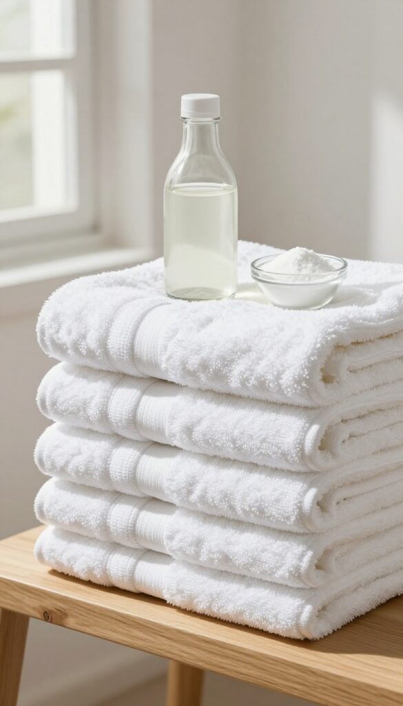 Stack of soft white towels with vinegar and baking soda on a shelf, natural light