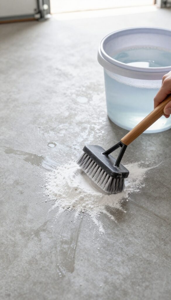 Concrete floor degreaser with baking soda and dish soap, scrubbing oil stain on garage floor