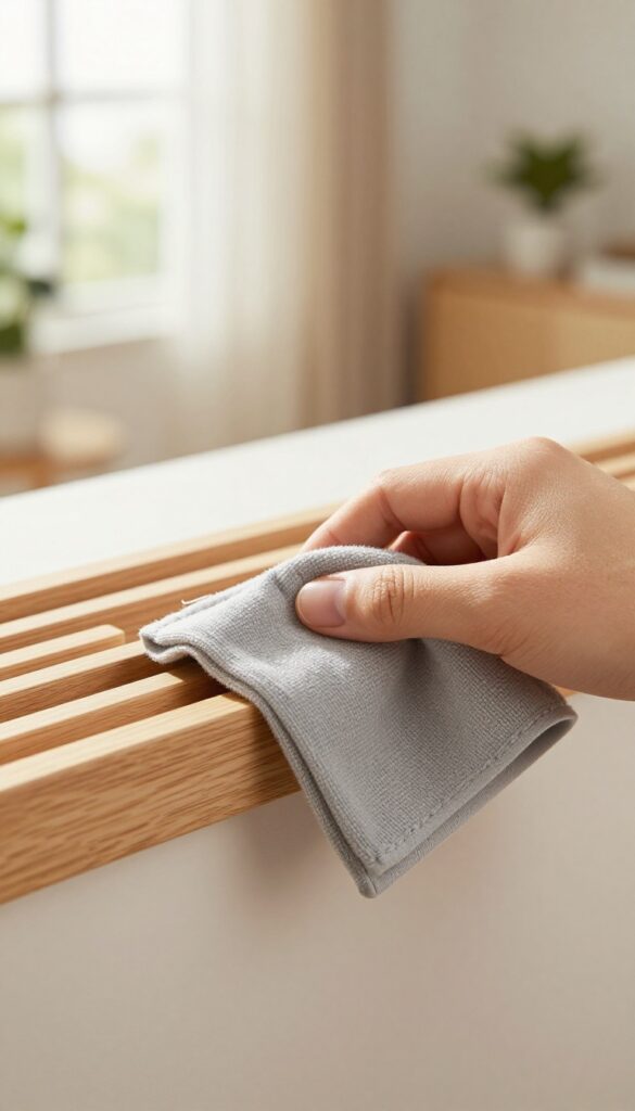Hand wearing microfiber cloth glove cleaning a faux wood blind slat