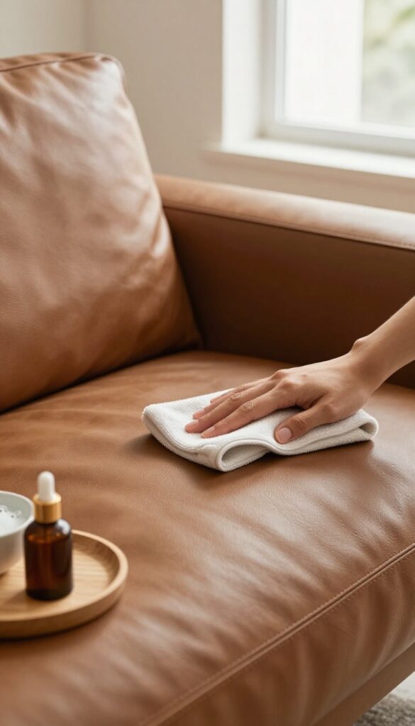 Cleaning a leather couch with gentle soap and conditioner in a bright living room