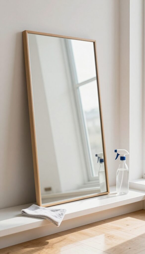 Sparkling clean window and mirror in a bright room with sunlight reflections, microfiber cloth and spray bottle on windowsill