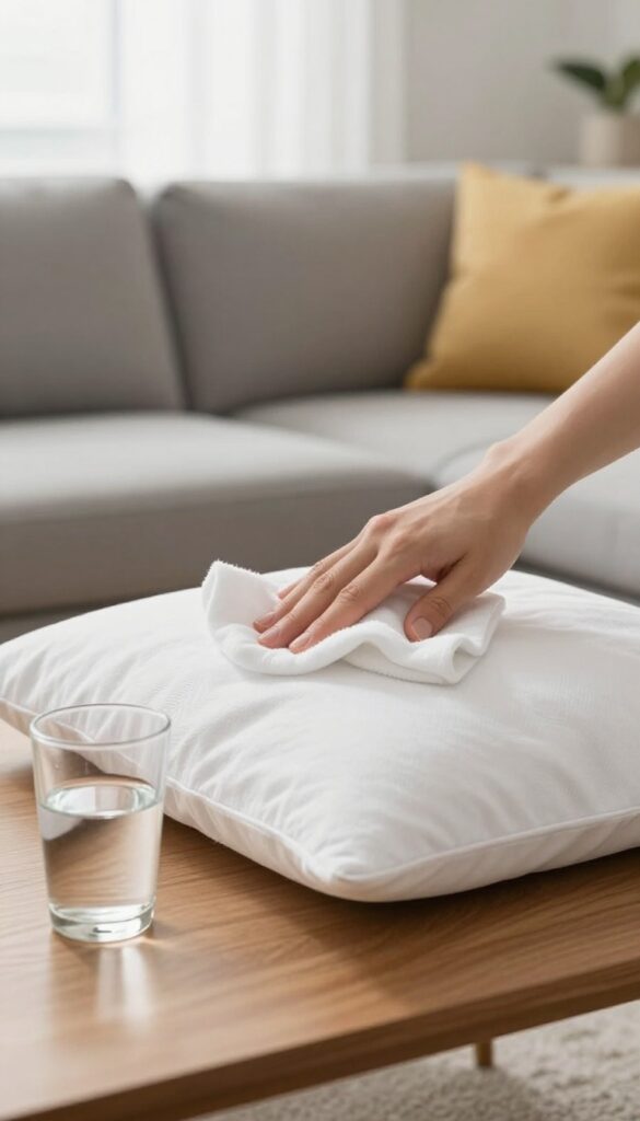 Hand blotting a spill on a fabric sofa with a white cloth
