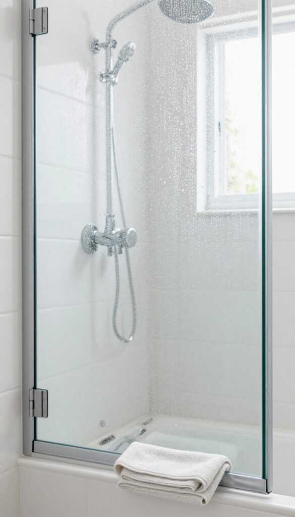 Close-up of a glass shower door showing water beading up and rolling off, with a microfiber cloth nearby.