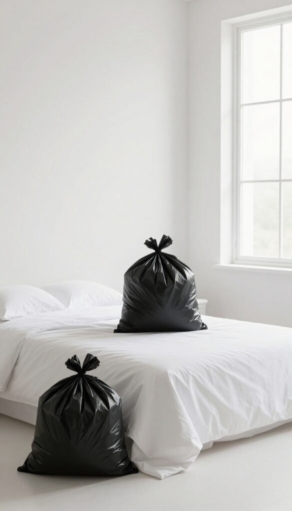A full black trash bag by an open door, ready to be taken out, in a bright clean bedroom.