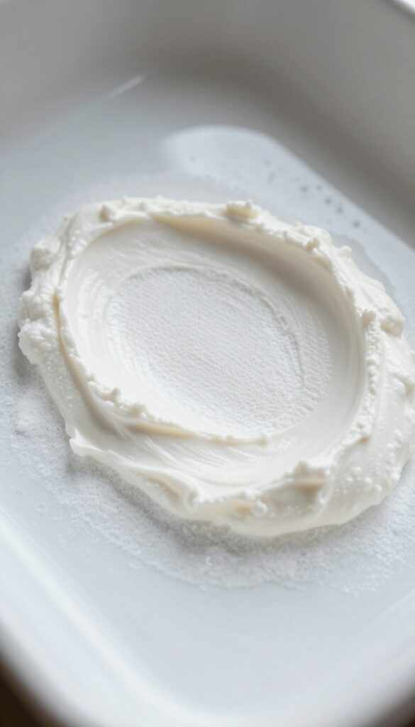 Baking soda paste applied to a stubborn spot inside a microwave, with a sponge nearby
