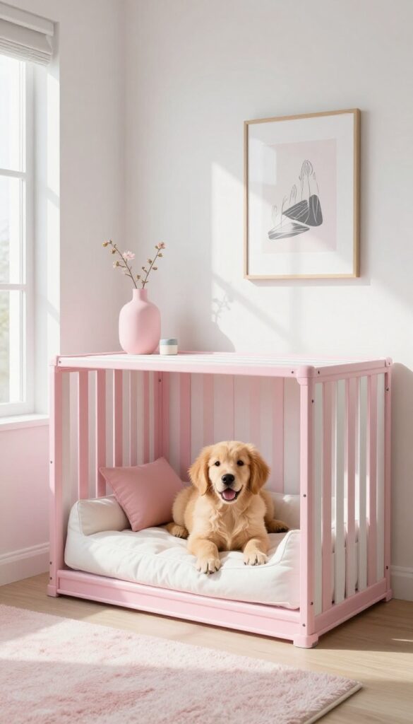 Two-tone pink and white dog crate in a bright modern living room with a dog inside.